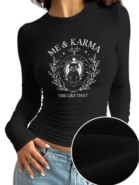 SHEIN Me & Karma Black Long Sleeve Graphic Fleece Top